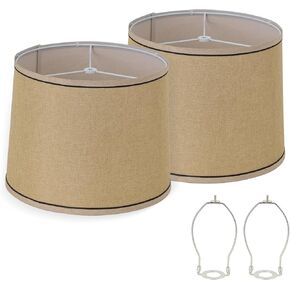 Lampshades Set of 2, 11.6" Top x 12.6" Bottom x 9.8" High Drum Lampshades Natural Linen Hand Crafted,Modern Rustic Interiors. (Farmhouse Brown)