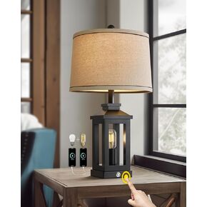 23.75" Retro Farmhouse Black Table Lamp for Living Room Bedroom Nightstand Single Pack Touch Control Bedside Nightlight Vintage Modern Lamp with USB C+A Ports and 2 Light Sources