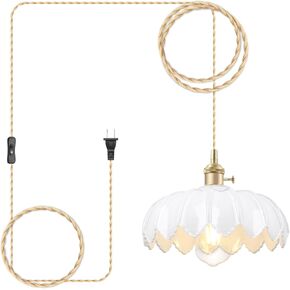 Plug in Pendant Light, Mid Century Modern Pendant Lamp with Switch Plug in Cord,1-Light Vintage White Glass Farmhouse Pendant Light,Ceiling Hanging Light fixtures for Dining Room Bedroom