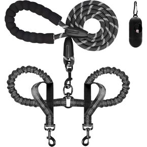 Dog Leash, Double Dog Leash for Two Dogs, Heavy Duty Adjustable Dual Dog Leash No Tangle, Bungee Retractable Split Multiple Leash for Walking 2 Dogs, Dog Poop Bags Trip Essentials (5.5FT-1/2", Black)