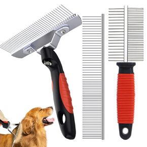 Undercoat Rake Brush Set, 3 Pack Long-Tooth Pet Brush - Dog Rake Brush & Steel Shedding Comb & Double-Sided Teech Comb for Double Coat Large Dogs, Horses