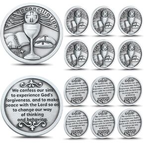 Geyoga 6 PCS أول المصالحة هدية الجيب عملة صلاة الرمز الجيب مع اعتراف الظهر الأول بالتواصل مع هدايا الوفرة الصبي ، المغفرة ، التفاني الكاثوليكي