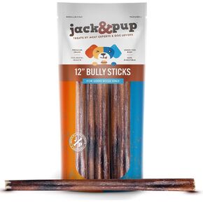Jack&Pup Thick Bully Sticks | 12 Inch Bully Sticks for Large Dogs Aggressive Chewers | Single Ingredient, Odor Free, Long Lasting Dog Chews (10 Pack)
