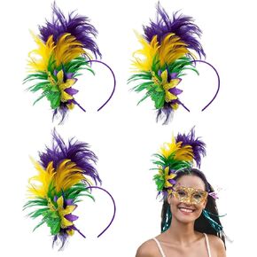 3 Pcs Mardi Gras 1920s Feathers Fascinator Headband for Women Girls, 50s Prom Queen Headpiece Mardi Gras Accessories Party Favor Supplies