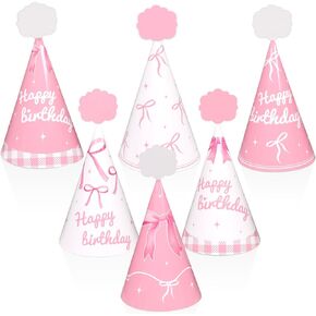 24pcs Pink Bow Party Hats Pink Bow Birthday Party Supplies Coquette Bow Cone Hats Pink White Happy Birthday Paper Hats with Elastic String for Kids Girls Adults Birthday Decorations Favors