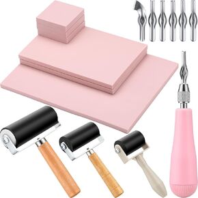 Leriton 5 Pack Rubber Block Stamp Making Kit Rubber Carving Blocks with 3 Rubber Brayer Roller and 6 Blades Cutter Tools Linoleum Block Carving Tools for Printmaking Inking Block Crafts