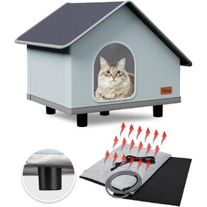 Toozey Large Elevated Heated Outdoor Cat House 100% Waterproof with Insulated Aluminum, 2 Mat, Sturdy Safe Feral Shelter for Winter Indoor Outside with Thermostatic Pet Heating Pad 19.7" X 16" X 17.7"