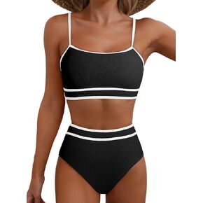 Herseas Womens Bikini Sets Ribbed Color Block Swimsuit Scoop Neck Bathing Suit