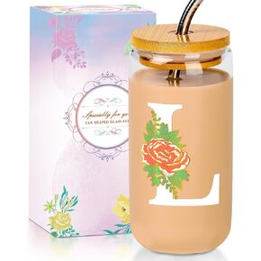 Initial Glass Cup with Lid and Straw Color-changing Monogrammed Gifts for Women 16 oz Iced Coffee Drinking Glass Tumbler Personalized Christmas Thanksgiving Birthday Gifts for Women Her Mom