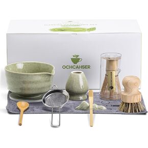 Japanese Matcha Set, Matcha Bowl with Spout and Coaster, Matcha Whisk and Holder, Sifter, Scoop, Spoon, Cleaning Brush,10 Pcs Complete Ceramic Matcha Kit