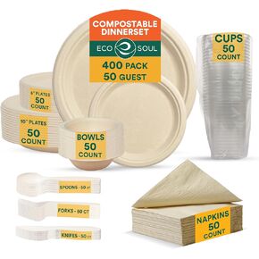ECO SOUL 400 Pcs Compostable Dinnerware Set For 50 Guests, 50 Pcs Each Of Eco-Friendly Disposable Paper Plates Of 9"" & 6"", Cutlery, Napkins, 16 oz Bowls & 16 oz Cups For Party, Picnic & Gathering