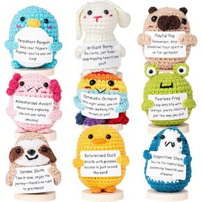 Positive Crochet Animals & Emotional Support Stuffed Animal Bulk Variety Pack w/Stand (9 pc). Handmade Crochet Positive Animals Decor - Desk, Office, College, Ornaments, Coworker, Friend