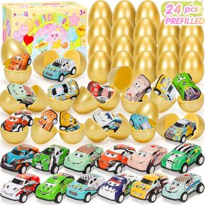 Toy Cars Easter Egg Fillers 24 Pcs, Prefilled Easter Basket Stuffers Gifts for Kids Mini Race Car Party Favors Treasure Box Toys for Classroom Birthday Chest Prizes Goodie Bag Hunt Easter Games