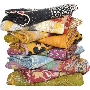 BLANDO 1 Piece Handmade Indian Vintage Kantha Quilts Reversible Bohemian Home Decor Blanket Assorted Color Twin Size 85X55 Inches Multicolor