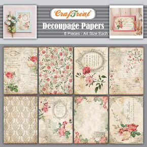 Craftreat French Decoupage Paper للحرف اليدوية - الأزهار الفرنسية 1 و 2 - الحجم: A4-8 PCS - ورق Decoupage الأثاث عتيقًا - ورق فك الأزهار للخشب والخردة