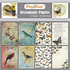 CrafTreat Bird Decoupage Paper for Crafts and Furniture - Birds and Butterflies - Size: A4 (8.3 x 11.7 Inch) 8 Pcs - Butterfly Decoupage Paper for Scrapbooking - Colorful Decoupage Paper Butterfly