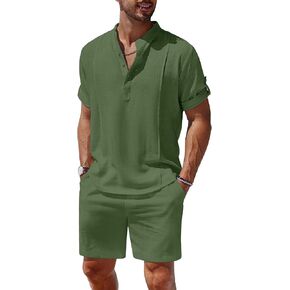 COOFANDY Mens Linen Sets 2 Pieces Casual Short Sleeve Henley Shirts and Pants Set Summer Vacation Outfits