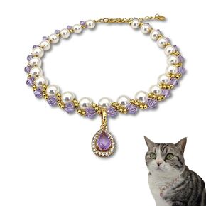 Handmade 18K Gold Pearl & Crystal Pet Necklace Collar Choker for Cat & Small Dogs - Adjustable, Durable, & Easy DIY - Perfect Gift for Pet Lovers (Small, Amethyst)