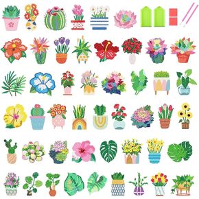 xackcme 48 Pcs Diamond Art Painting Sticker Kits for Kids-Flower Diamond Gem Stickers Kit,5D Plants Diamond Art Stickers Mosaic for Kids Gift for Boys Girls 4-8-10-12 Years Old