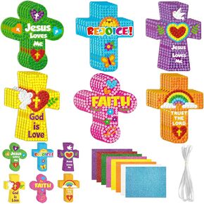 BeYumi Glitter Mosaic Cross Craft - 30Set Easter Religious Cross Craft Kit for Kids Sunday School Christian Faith DIY Glitter Mosaic Ornament Card Classroom Church Fun Activities Party Favors
