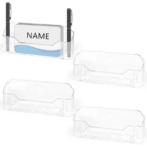 4 Pack Clear Acrylic Business Card Holder With Pen Holder - Stand Display Stand Holder for Office Desk - Fits Standard Size Business Cards - PLASTIC SUPPORT PARTS need to be assembled at the bottom