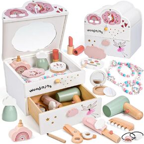 Wooden Kids Vanity Set for Toddlers 3-5, 19 PCS Princess Pretend Play Makeup Kit with Vanity & Mirror & Drawer, Christmas Birthday Gifts for Toddler Girls 3 4 5 6 7 8 Years Old
