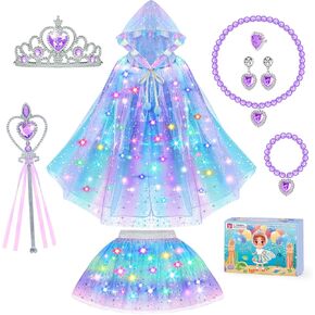 Princess Dress Up for Girls, Light up Princess Cape Princess Dress Costume Crown Wand Gifts for Toddler Girls 3 4 5 6
