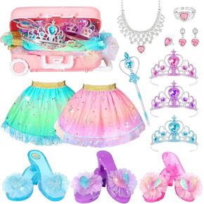 19 Pcs Princess Dress Up Shoes Gift Set, Girls Role Play Dress Up Toys & Costumes Set, Toddler Pretend Jewelry Boutique Kit Gift for Little Girls Aged 3 4 5 6 Years Old