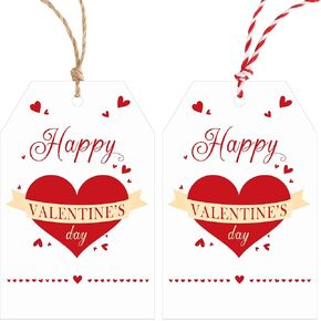 Valentines Gift Tags Happy Valentine's Day Gift Tags with String, 50 PCS Valentines Heart Gift Tags Valentine Design Personalized Tags for Gift Wrapping, Valentine's Day Decoration (Red and White)