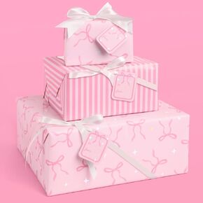 xo, Fetti Pink Bows and Stripes Wrapping Paper + Tag Set - 12 Sheets | Girly Birthday Gift Wrap, Decorative Christmas Bag, Bachelorette Party Favor