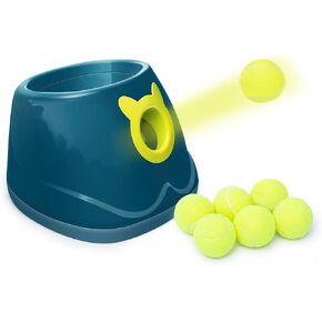Automatic Ball Launcher for Dogs, 4 Launch Distance Modes, 2-inch Small Balls Included, Suitable for Small to Medium Sized Dogs (Blue with Tennis Balls)