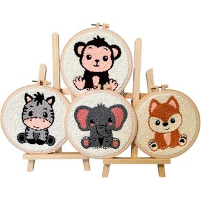 Ease-Factor Punch Needle Kit for Adults - 4 Animal Designs: Fox, Zebra, Elephant & Monkey - Beginner-Friendly with Ergonomic Needles, Vibrant Yarn & Detailed Patterns