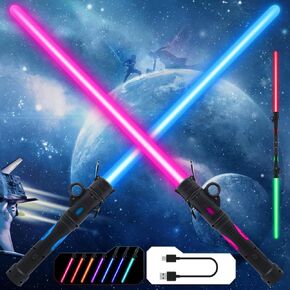 Gianby Kids Saber, 2-in-1 LED Dual Light Swords Set with 25 Color Changing Electronic Lights & 3 Modes FX Sound, Rechargeable Roleplay Toy (2 Pack)