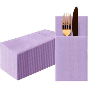 PAW - Linen Feel Napkins with Built-in Flatware Pocket, Airlaid Paper Pre-Folded Napkins for Silverware, Wedding Party, Dinner, Birthday, Gatherings, Monocolor Violet, 50 Count