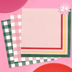 xo, Fetti Gingham Camp Napkins - 3-ply, 24 pcs | Green Cocktail Napkins, Pink Dinner Party Setting, Bachelorette Decoration, Cute Birthday Tablescape