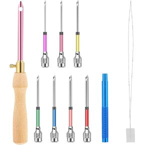 COMNICO 10 Pcs Punch Needle Kit, Punch Embroidery Kit Adjustable Punch Needle Tool with 7 Sizes Needle Heads Sewing Art Needle Tool Wooden Handle Embroidery Pen for Flossing Cross Stitch DIY Craft