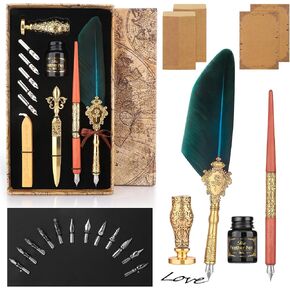 Feather Pen 27 Pcs Quill Pen and Ink Set Calligraphy Pens Set Fountain Pen with 2 Pens,17 Nibs,Wax Seal Stamp,Ink,Holder,Letter Writing Kit Calligraphy Kits for Beginners-Gift for Calligraphy Lovers