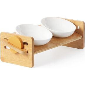 FUKUMARU Elevated Cat Ceramic Bowls, Small Dog 15° Tilted Raised Food Feeding Dishes, Solid Bamboo Water Stand Feeder Set for Cats and Puppy