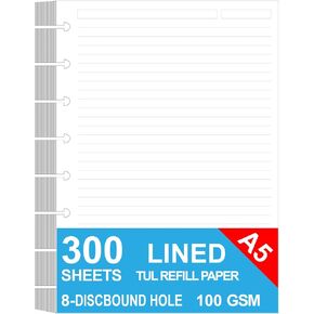 Junior Size Discbound Refill Paper - 8 Discs Discbound Paper, Lined Arc Paper Refill, 100gsm, Disc Paper Refill White Paper, 300 Sheets/600 Pages, 5.8 X 8.25 in