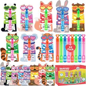 Valentines Day Gifts for Kids, 28 Pack Mini Bubble Wands with Greeting Cards Valentines Animal Themes for Kids, Valentine's Day School Prizes Party Favor, Classroom Exchange Gifts