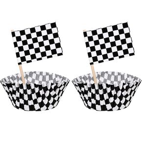 TecUnite 100 Pieces Checkered Flag Cupcake Wrapper Liner Racing Car Cupcake Toppers and 100 Pieces Checkered Flag Toothpicks Racing for Cake Decorations(Black and White)