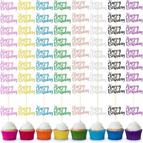 Boao 64 Pieces Happy Birthday Cupcake Toppers Glitter Cake Topper Picks Dessert Topper Decoration for Birthday Party Anniversary Celebration, 8 Colors