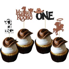 24Pcs Cowboy 1st Birthday Cupcake Toppers Glitter First Birthday Hat Cowboy One Cake Decorations for Western Theme Baby Shower Kids Boys 1st Birthday Party Supplies Brown