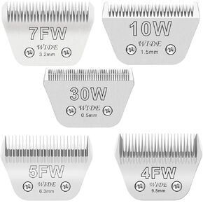 شفرات عريضة 5pcs لشفرات العناية بالكلاب المتوافقة مع Clippers الكلب ، الحجم #10W+30W+4FW+5FW+7FW شفرات Clipper Cliper متوافقة مع Oster A5 ، Wahl KM10 Clippers ،