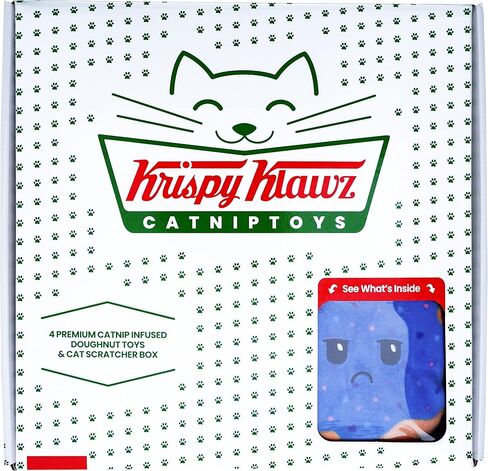Krispy Klawz Donut Cat Toys - قطة مضحكة لطيفة لمحبي القط ، هدية عيد ميلاد القط ، هدايا القط - تشمل 4 ألعاب قطنية مغرمة على شكل دونات ووسادة خدش من الورق المقوى السميك in Kuwait