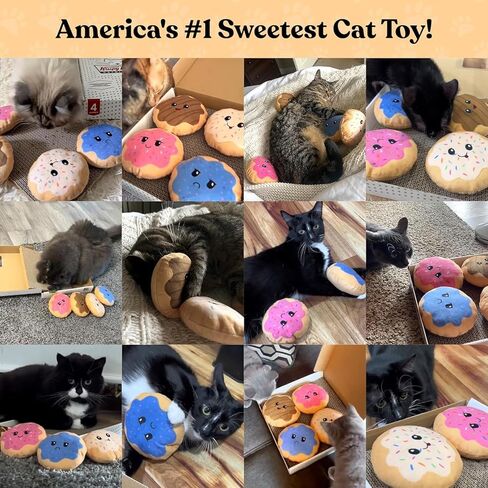 Krispy Klawz Donut Cat Toys - قطة مضحكة لطيفة لمحبي القط ، هدية عيد ميلاد القط ، هدايا القط - تشمل 4 ألعاب قطنية مغرمة على شكل دونات ووسادة خدش من الورق المقوى السميك in Kuwait