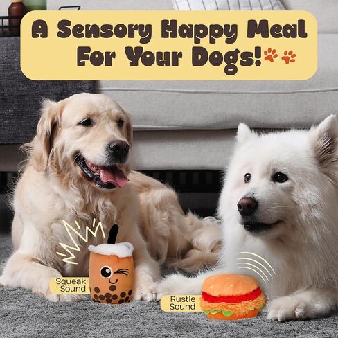 ألعاب Dog Deceaky - مجموعة ألعاب من ألعاب Dog 4 -in -1 - ألعاب كلب لطيف مع حقيبة مرحة ولعب للكلاب الصغيرة والمتوسطة والبرغر والبطاطا المقلية وألعاب مشروب بوبا - ألعاب الكلاب الناعمة للحساسية واللعب in Saudi Arabia