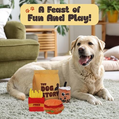 ألعاب Dog Deceaky - مجموعة ألعاب من ألعاب Dog 4 -in -1 - ألعاب كلب لطيف مع حقيبة مرحة ولعب للكلاب الصغيرة والمتوسطة والبرغر والبطاطا المقلية وألعاب مشروب بوبا - ألعاب الكلاب الناعمة للحساسية واللعب in Saudi Arabia