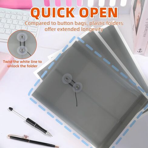 12 Pack Plastic File Folders for Documents, A4 Envelopes Folders with Snap Closure & String Tie, Letter Size Clear Envelopes Folders, Reusable File Bags for School Home Office Organization - Grey in Saudi Arabia