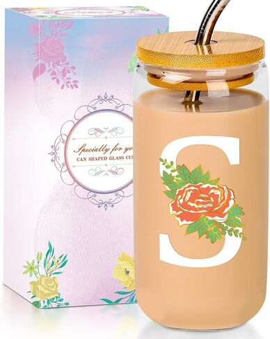 Initial Glass Cup with Lid and Straw Color-changing Monogrammed Gifts for Women 16 oz Iced Coffee Drinking Glass Tumbler Personalized Christmas Thanksgiving Birthday Gifts for Women Her Mom in Kuwait
